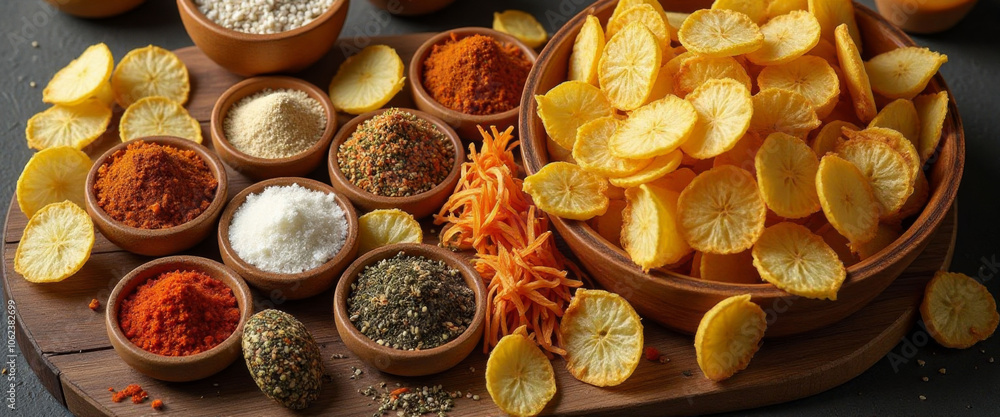 Poster a wooden tray with a variety of spices and chips. the spices are in small bowls and the chips are in