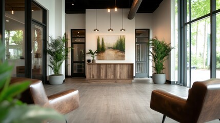 The image showcases a modern office lobby featuring stylish seating, indoor plants, and a large wall art, emphasizing contemporary and elegant design.