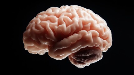 A highly detailed, realistic 3D rendering of a human brain, showcasing the intricate curves and folds, prominently displayed against a stark black background.
