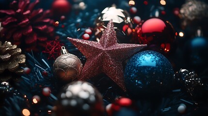Christmas stars and ornaments on a dark background