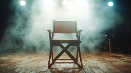 A plain yet elegant director's chair occupies the center of a mist-shrouded wooden stage under bright lights, evoking the mystique and allure of theater arts.