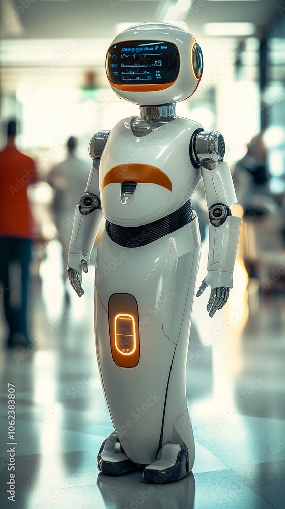 Poster futuristic humanoid robot with glowing screen face and sleek white body design stands in a public sp