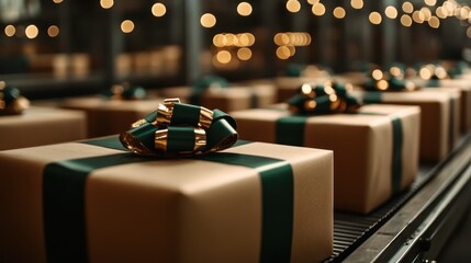Elegant gift boxes with glossy green bows sit on a conveyor line, representing an efficient manufacturing process and industrial charm in a festive warehouse scenario.