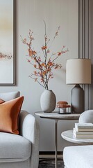Elegant living room corner featuring a delicate cherry blossom branch in a sleek vase, accompanied by minimalist decor on a round side table and cozy seating.