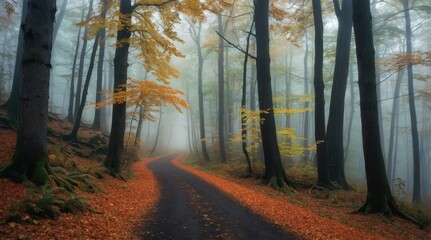 Obraz premium forest path in autumn forest with fog
