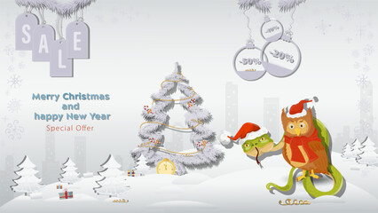 Special Offer Christmas and New Year Sale Snake and owl Santa Claus hat next to a fir tree in a winter snowy forest