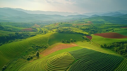 Aerial View of Lush Green Fields and Rolling Hills