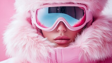 Close-up portrait of a woman wearing pink ski goggles and a fur-trimmed jacket.