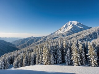 A snow-covered mountain landscape with tall evergreen trees, showcasing the serene beauty of winter and the majestic peaks blanketed in fresh snow.