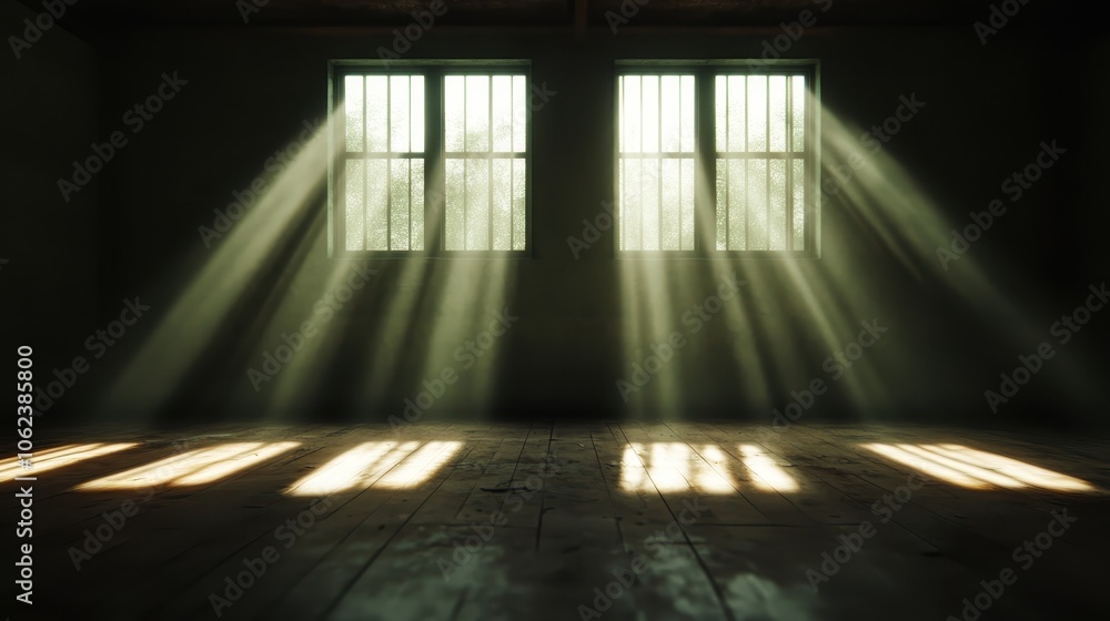 Poster an empty room with sunlight streaming through the windows, casting elongated shadows on the wooden f