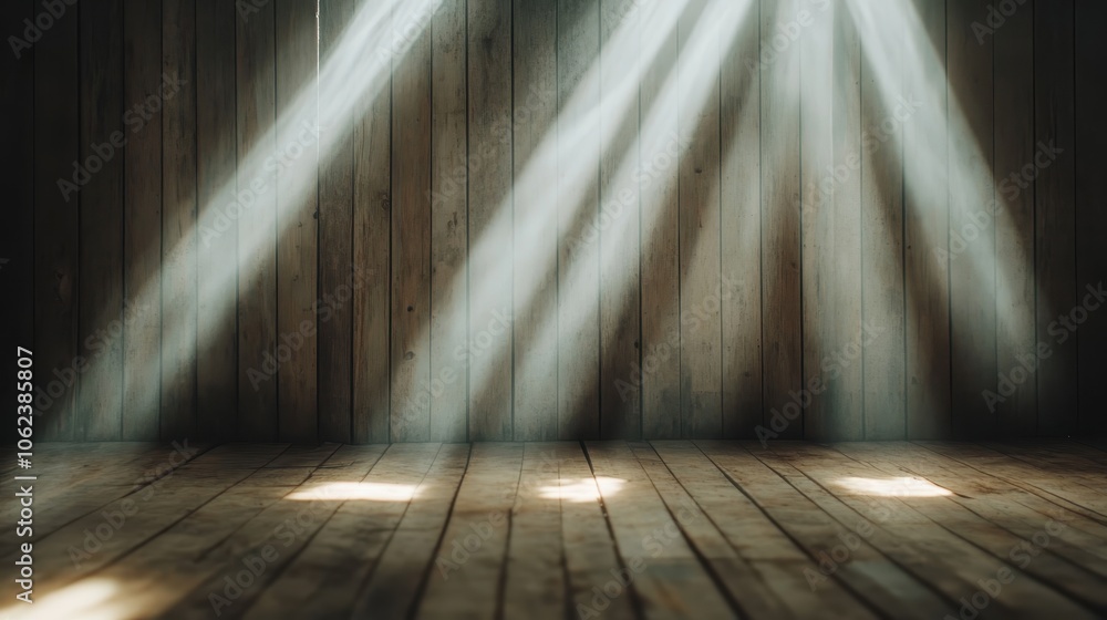 Poster sunlight streams in shafts through a room with a wooden floor, generating patterns of light and shad