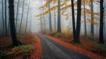 Obraz premium forest path in autumn forest with fog