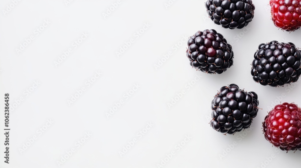 Poster blackberries and one raspberry arranged on a white background