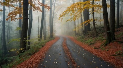 Obraz premium forest path in autumn forest with fog