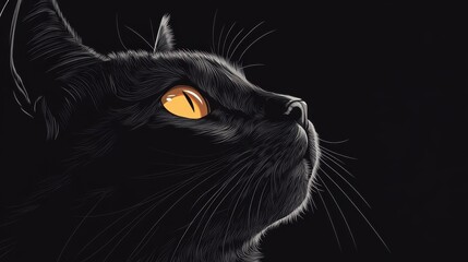 Detailed, close-up illustration of a black cat's face with striking yellow eyes, looking upwards against a dark background