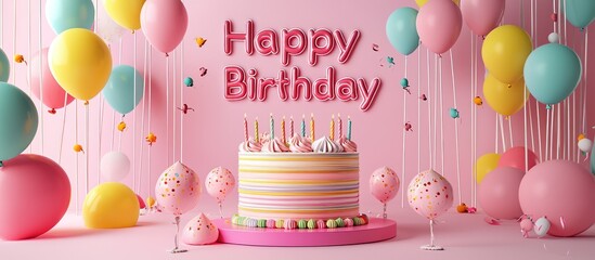 3D "Happy Birthday" text on a pink party backdrop, with a layered cake and colorful balloons filling the scene.