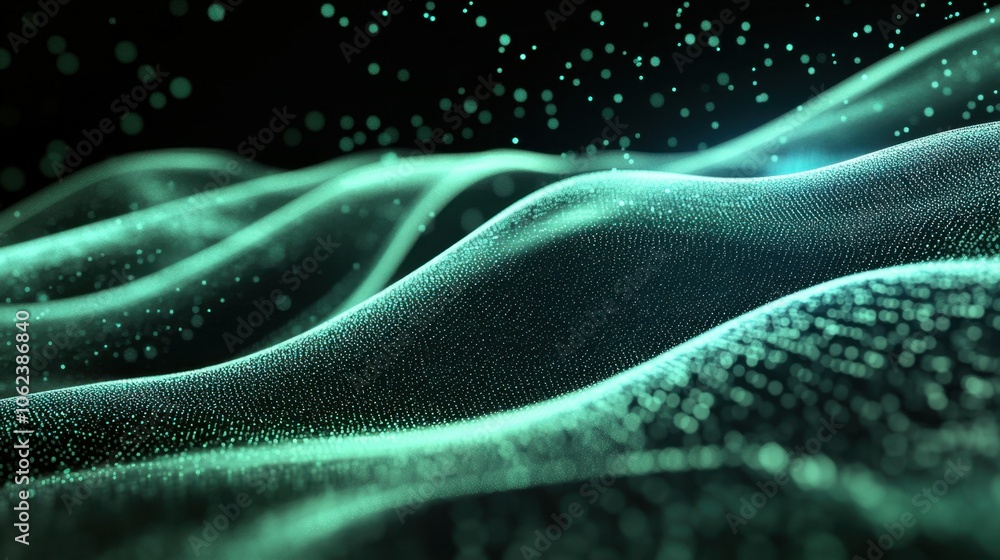 Poster mesmerizing abstract landscape of undulating, luminous, teal-colored waves composed of countless tin