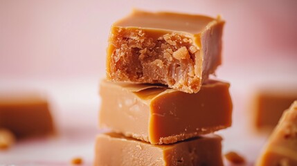 Close-up of creamy caramel fudge pieces stacked on a pink background