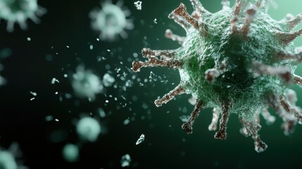 A detailed 3D representation of a virus with green spikes floating in a dark environment, symbolizing scientific research and medical study in high-resolution imagery.