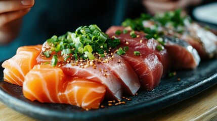 Delicious assortment of sashimi featuring vibrant cuts of salmon and tuna adorned with finely chopped green onions, elegantly presented on a sophisticated slate platter.