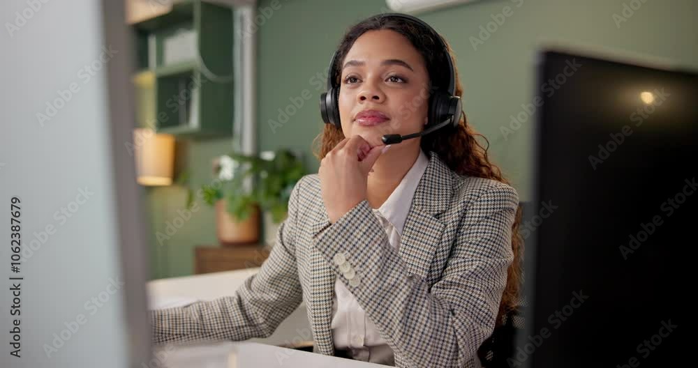 Poster woman, call center and reading with computer in office for consulting, advice or thinking for feedba