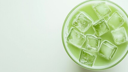 Refreshing iced matcha latte in glass with ice cubes on light green background