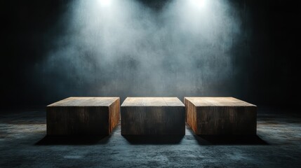 Three dark wooden pedestals sit under hazy spotlights, creating a moody and artistic ambiance suitable for exhibits or performances of any kind.