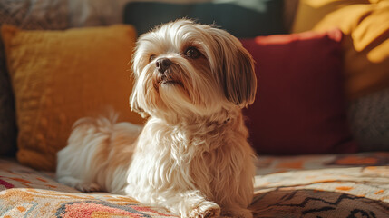 A Cozy Scene Featuring a Playful and Loving Lhasa Apso in a Warm Living Room Setting