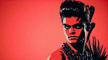 Enchanting Young Leader in Traditional Attire: A Captivating Poster for Cultural Heritage Celebration in Sports Interiors, Surrounded by Artifacts Against a Vibrant Gradient Backdrop