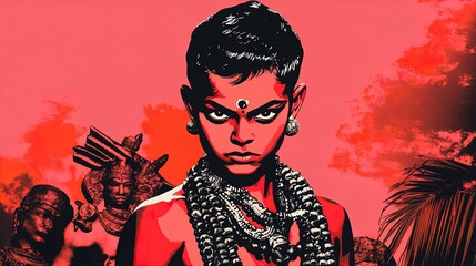 Enchanting Young Leader in Traditional Attire: A Captivating Poster for Cultural Heritage Celebration in Sports Interiors, Surrounded by Artifacts Against a Vibrant Gradient Backdrop
