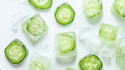 Refreshing cucumber and ice cube background for cool summer vibes
