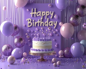 3D "Happy Birthday" text on a glittery purple wall, with a huge cake and floating balloons framing the scene.
