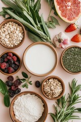 Assorted healthy foods: oats, berries, greens, grapefruit, and more on a pale background