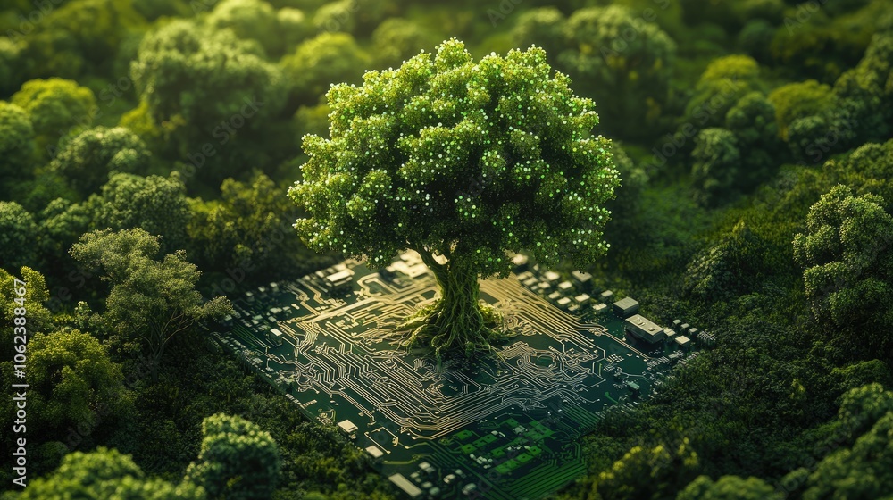 Poster a lush green tree growing from a computer circuit board in a forest, symbolizing the connection betw