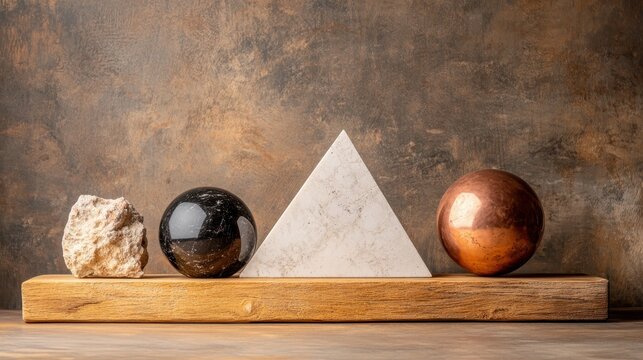 A collection of geometric sculptures, including a white pyramid, black and brown spheres, and an abstract rock, is elegantly displayed on a textured wooden base.