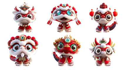 Delightful Collection of Six Cute Chinese Dragons in Cartoon Style Generative AI