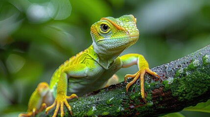 Fototapeta premium Anole lizard perched on a tree branch, blending into its surroundings, World Lizard Day