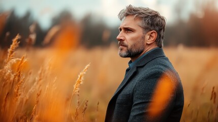 A greying man in a field is captured mid-thought, his stern profile reflecting determination and a sense of purpose against a backdrop of wild, swaying grasses.
