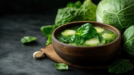 A rustic wooden bowl brimming with fresh cabbage and leafy greens placed against a contrasting black background, evoking a sense of earthy tranquility in dining.