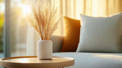 The image portrays a sunlit living room corner featuring a cozy, cushioned sofa and decorative dried plants in a vase, creating a tranquil and homey atmosphere.