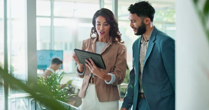 Tablet, man and woman in office with high five, online feedback or schedule success for business plan. Teamwork, project manager and consultant on digital app for collaboration, ideas and celebration