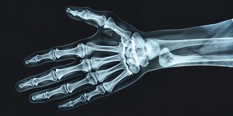 Naklejka premium Hand X-ray taken by a professional wearing gloves. Concept of medical imaging, Generative AI.