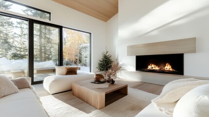 A cozy living room is designed with contemporary elegance, featuring a scenic window view, sleek fireplace, and modern furnishings, crafting a warm, inviting atmosphere.