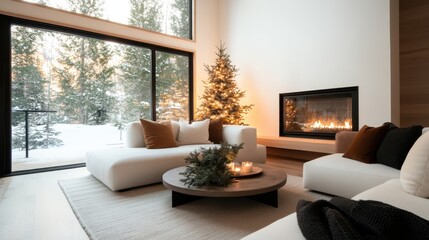 A warm and inviting living room features a lit fireplace, a beautifully decorated Christmas tree, and large windows displaying a snowy landscape outside.
