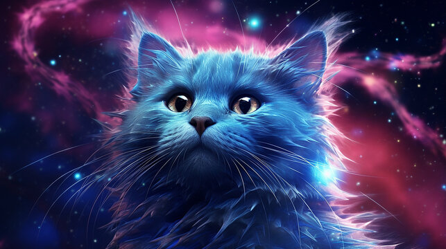 Large heavenly godlike cat in the cosmos