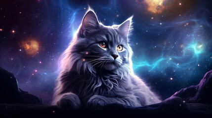 Large heavenly godlike cat in the cosmos