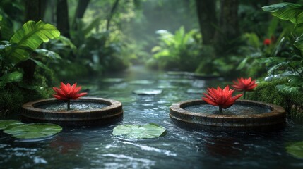 Delicate red water lilies float on circular wooden platforms in a serene forest stream, surrounded by vibrant green plants and filtered sunlight creating a peaceful atmosphere