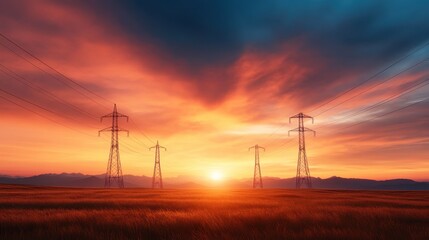 The sun sets behind rolling hills and power lines creating a majestic landscape where nature's beauty and technological advancement meet in a colorful embrace.