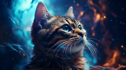 Large heavenly godlike cat in the cosmos