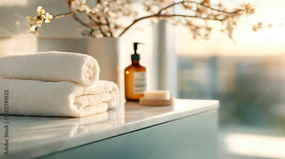 Poster a minimalist bathroom setup with neatly stacked towels and a soap dispenser, complemented by natural